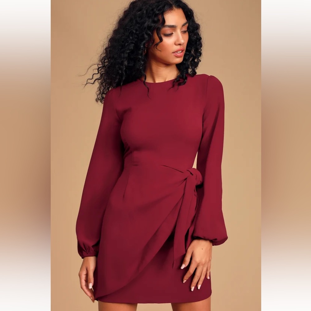NWT Lulu’s Believe It or Knot Wine Red Long Sleeve Tie-Front Skater Dress